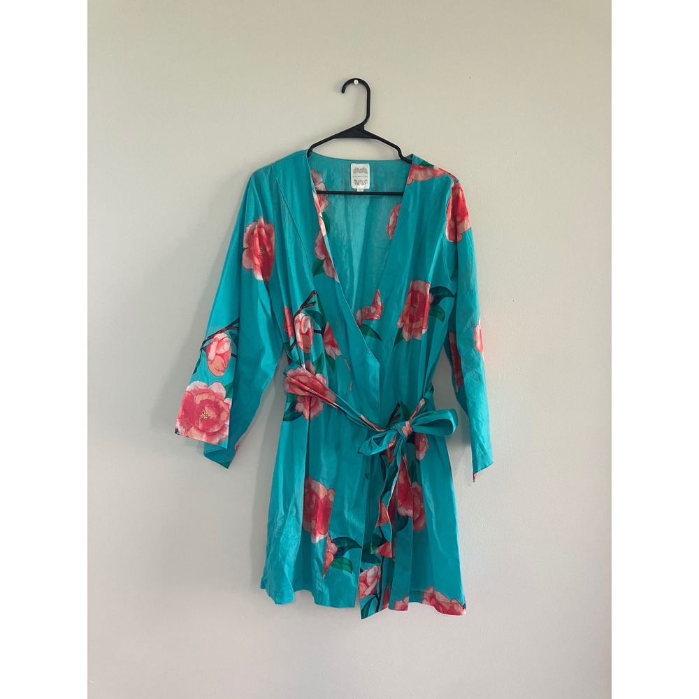 Plum Pretty Sugar 100% cotton teal pink floral robe women size small cottagecore